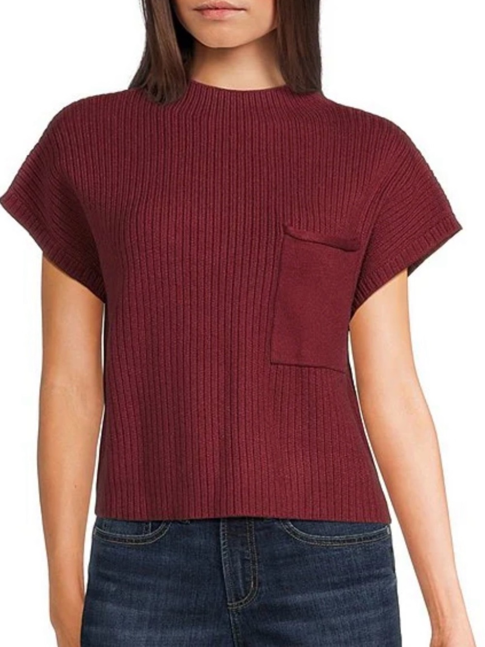 Ribbed Short-Sleeve Knit Top in Burgundy • womens large